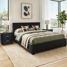 Modern black leather bed frame with matching nightstands, cozy bedding, and abstract art in bright bedroom