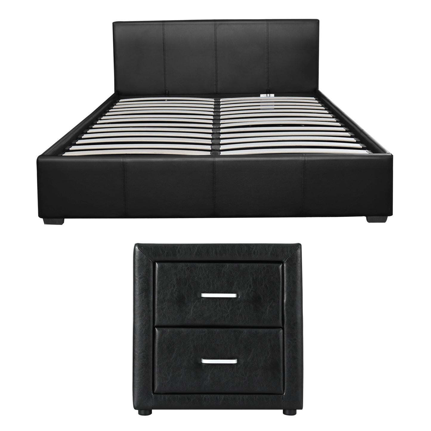 Black leather bed frame with matching nightstand, modern bedroom furniture set