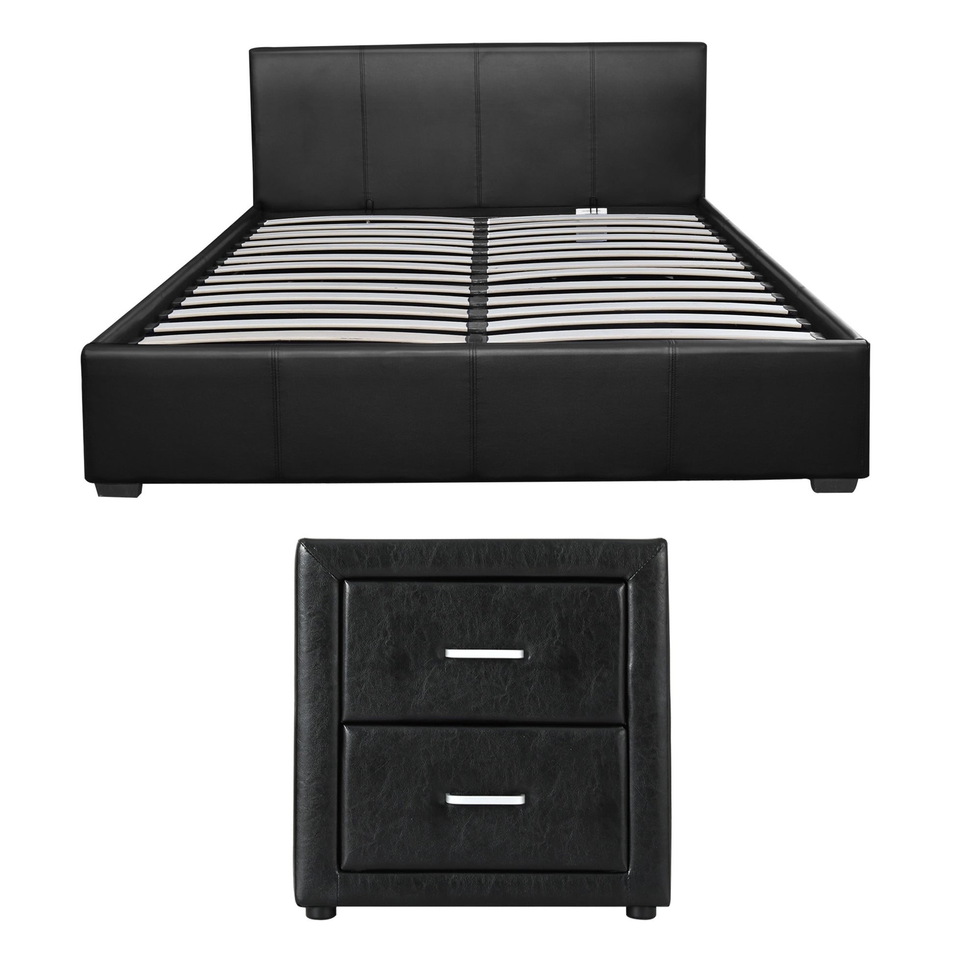 Black leather bed frame with matching nightstand, modern bedroom furniture set