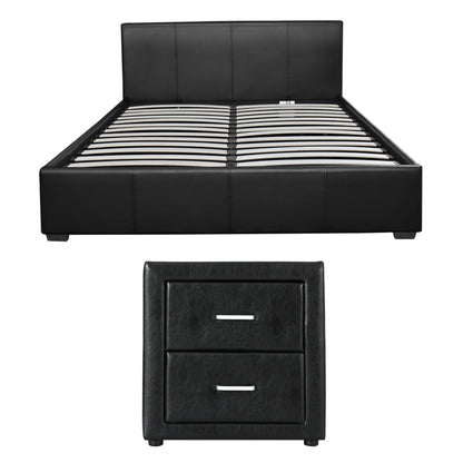 Black leather bed frame with matching nightstand, modern bedroom furniture set