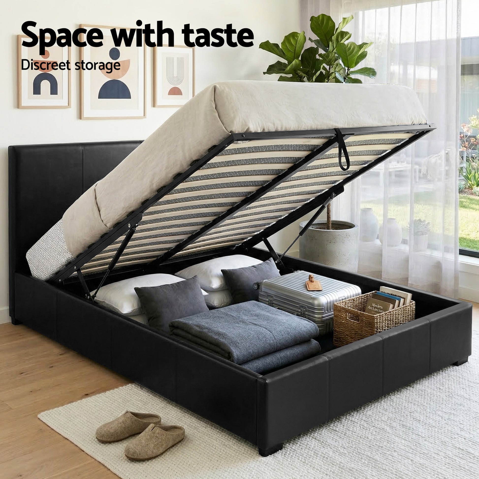 Black storage bed with lift-up mattress, showcasing discreet space-saving design for pillows, blankets, and luggage.