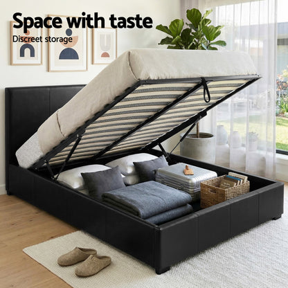 Black storage bed with lift-up mattress, showcasing discreet space-saving design for pillows, blankets, and luggage.