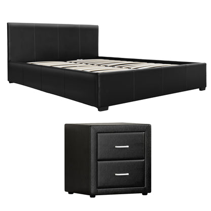 Black leather bed frame with matching nightstand, modern bedroom furniture set