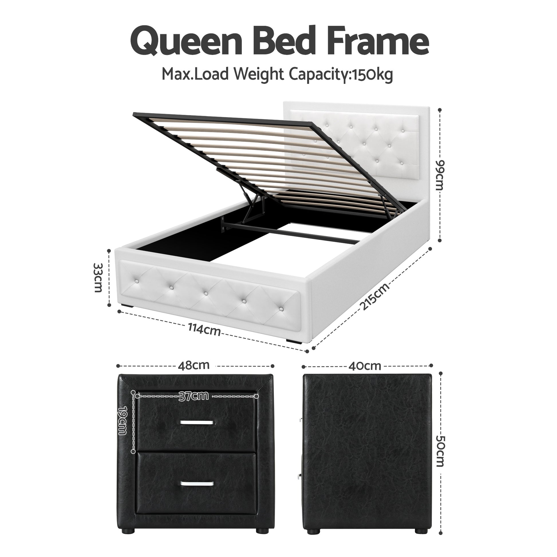 White queen bed frame with storage, 150kg capacity, plus black 2-drawer nightstands, dimensions shown