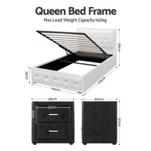 White queen bed frame with storage, 150kg capacity, plus black 2-drawer nightstands, dimensions shown