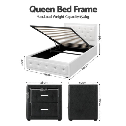 White queen bed frame with storage, 150kg capacity, plus black 2-drawer nightstands, dimensions shown
