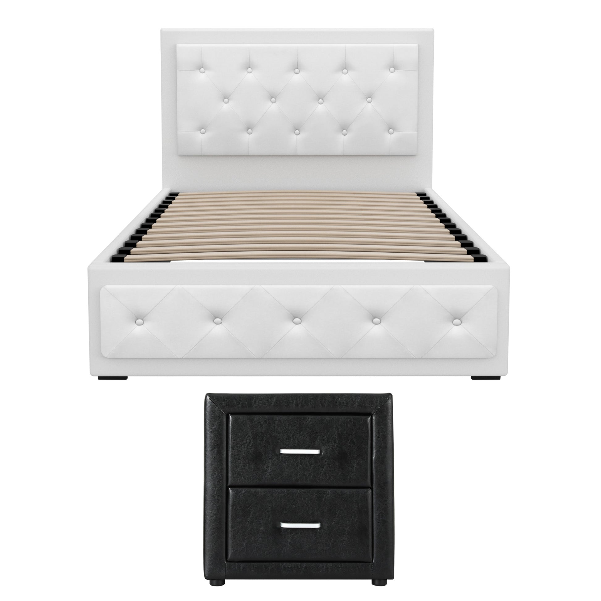 White tufted bed frame with storage base and black 2-drawer nightstand, modern bedroom furniture set