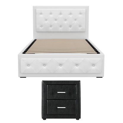White tufted bed frame with storage base and black 2-drawer nightstand, modern bedroom furniture set