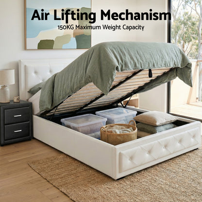 White tufted storage bed with air lifting mechanism and 150KG capacity, showcasing organized under-bed storage.