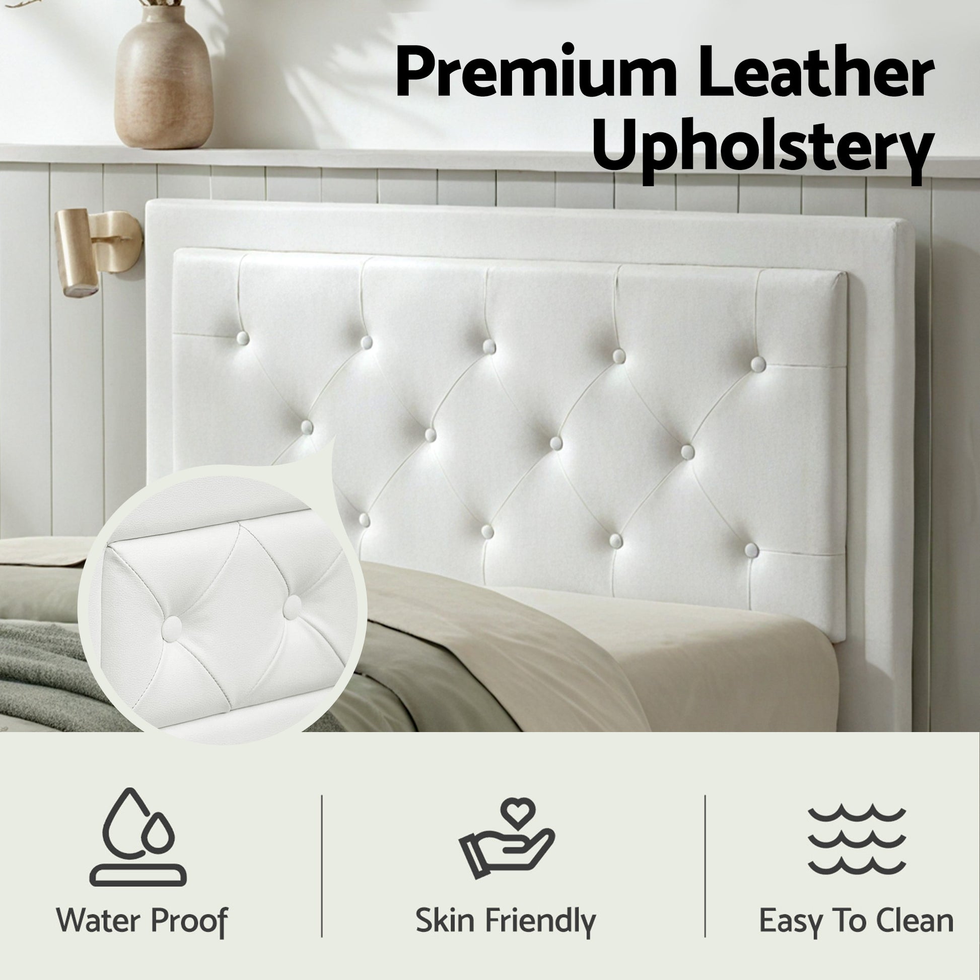 White tufted leather headboard with waterproof, skin-friendly, easy-clean upholstery for modern bedrooms