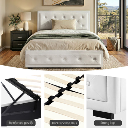 White tufted storage bed with reinforced gas lift, thick wooden slats, and strong legs for modern bedrooms