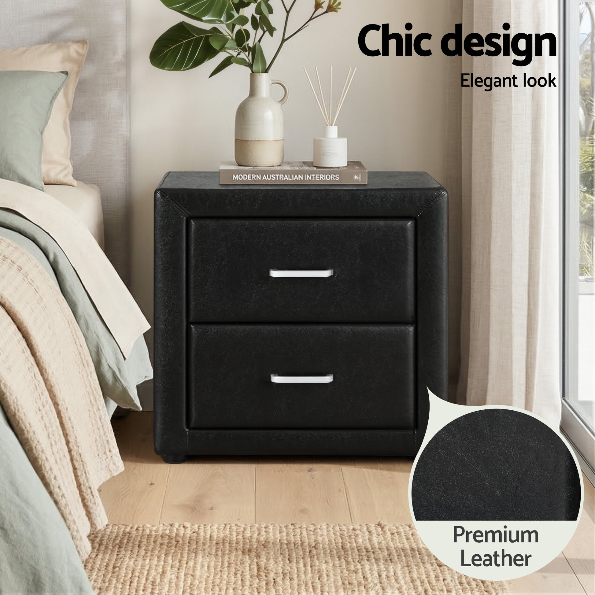 Black leather nightstand with 2 drawers, chic design, premium finish, beside bed in modern bedroom