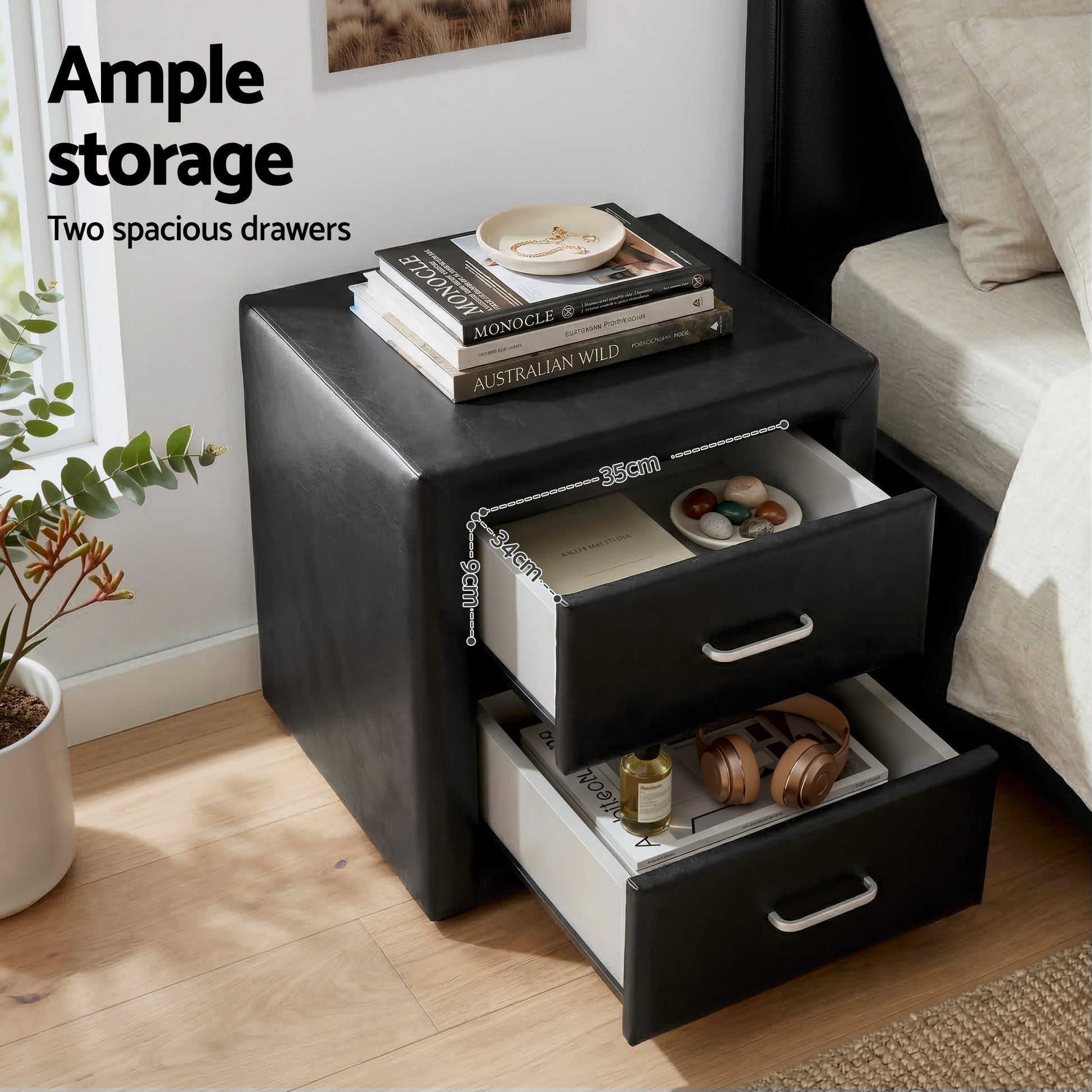Black nightstand with two spacious drawers for ample storage in modern bedroom