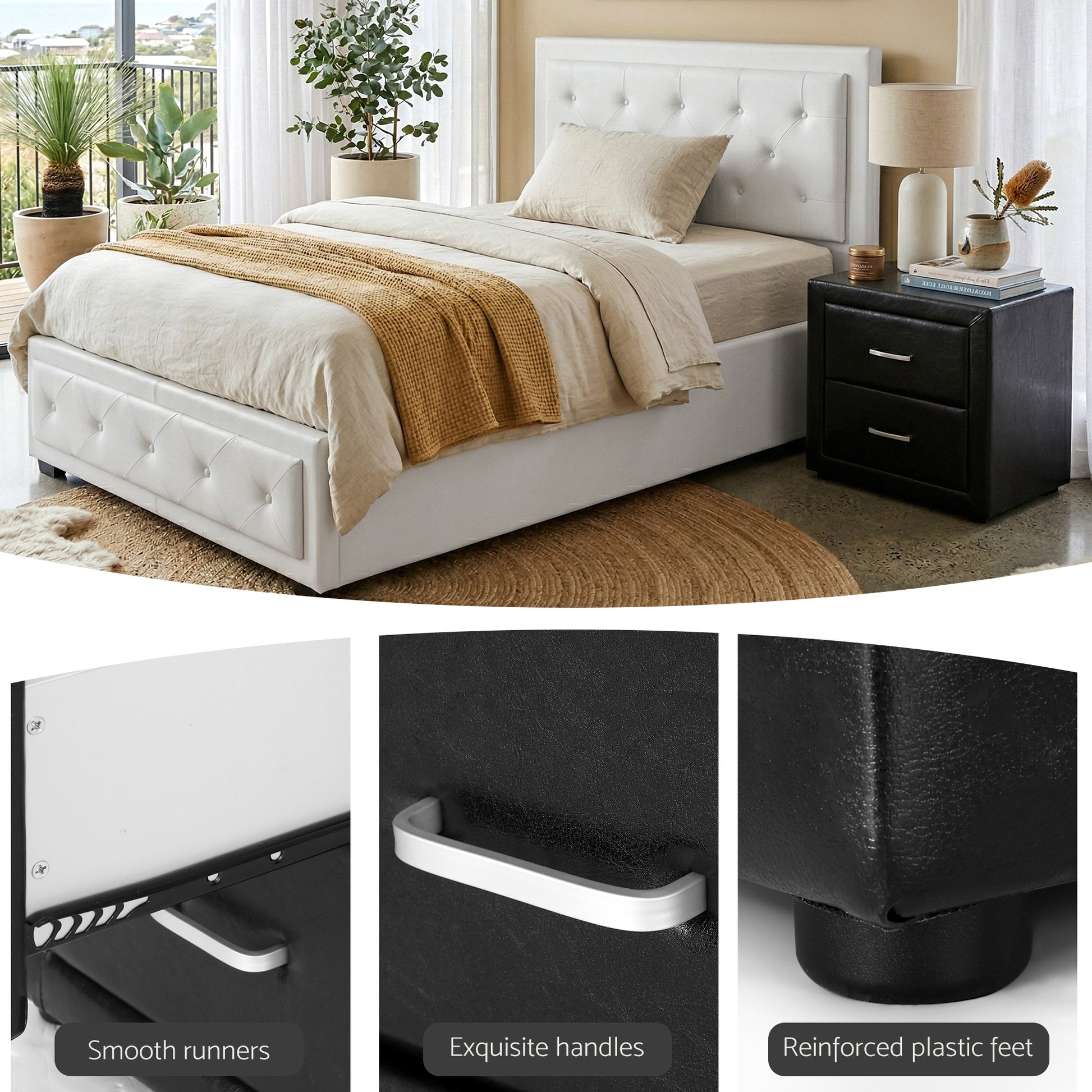 White tufted bed frame with storage, black nightstand, smooth runners, and reinforced plastic feet