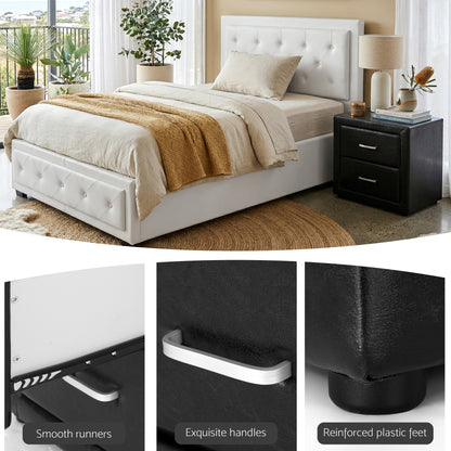 White tufted bed frame with storage, black nightstand, smooth runners, and reinforced plastic feet