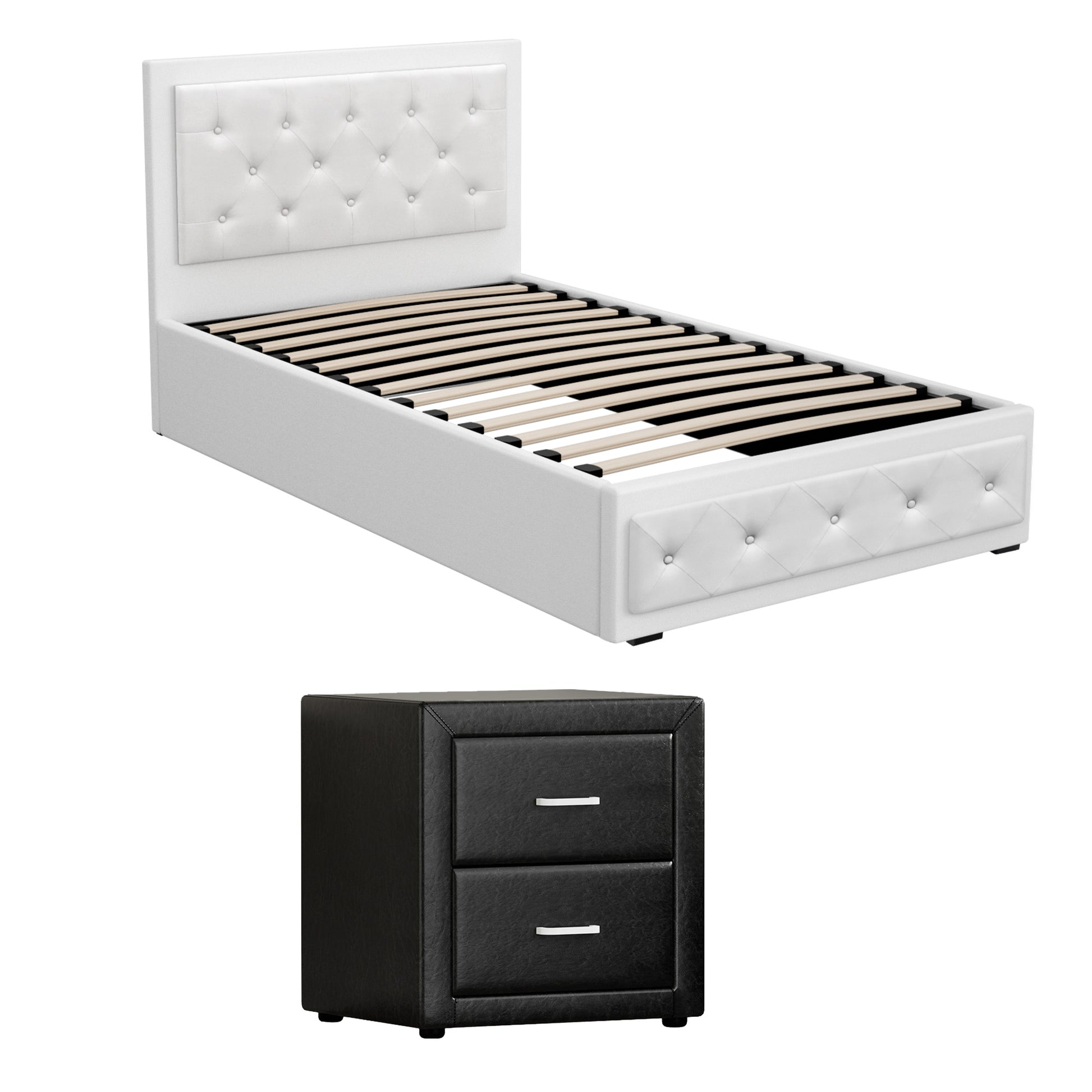 White tufted bed frame with slats and black 2-drawer nightstand for modern bedroom furniture sets
