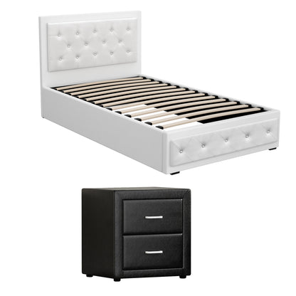 White tufted bed frame with slats and black 2-drawer nightstand for modern bedroom furniture sets