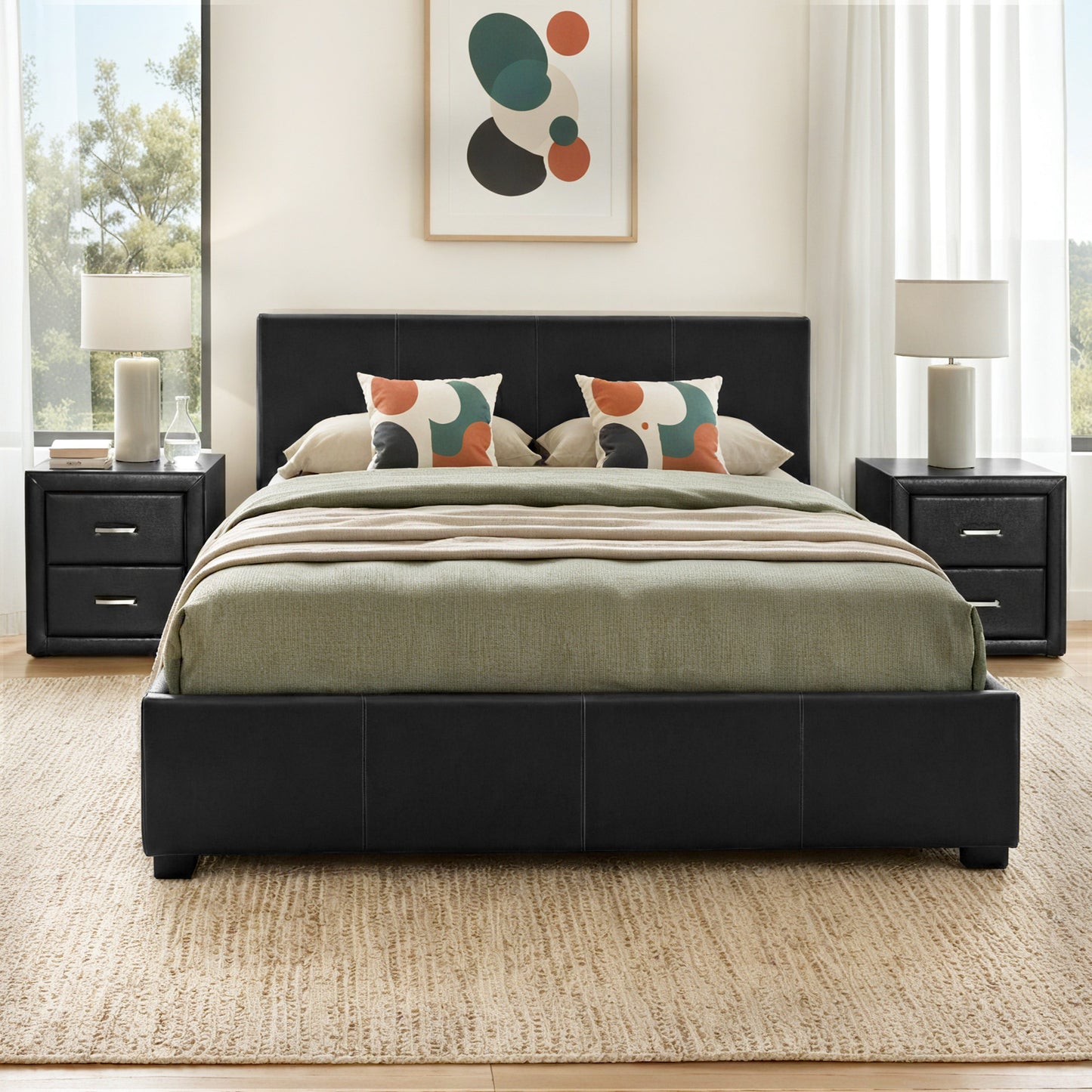 Artiss Gas Lift Queen Bed Frame and 2 Bedside Tables Set Black