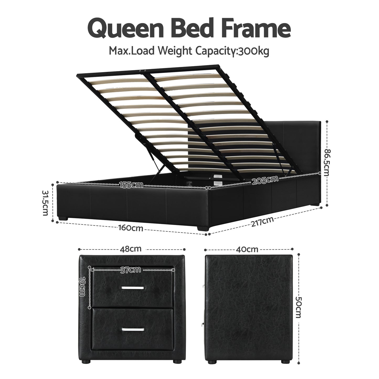 Artiss Gas Lift Queen Bed Frame and 2 Bedside Tables Set Black
