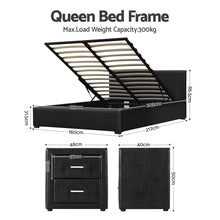 Artiss Gas Lift Queen Bed Frame and 2 Bedside Tables Set Black