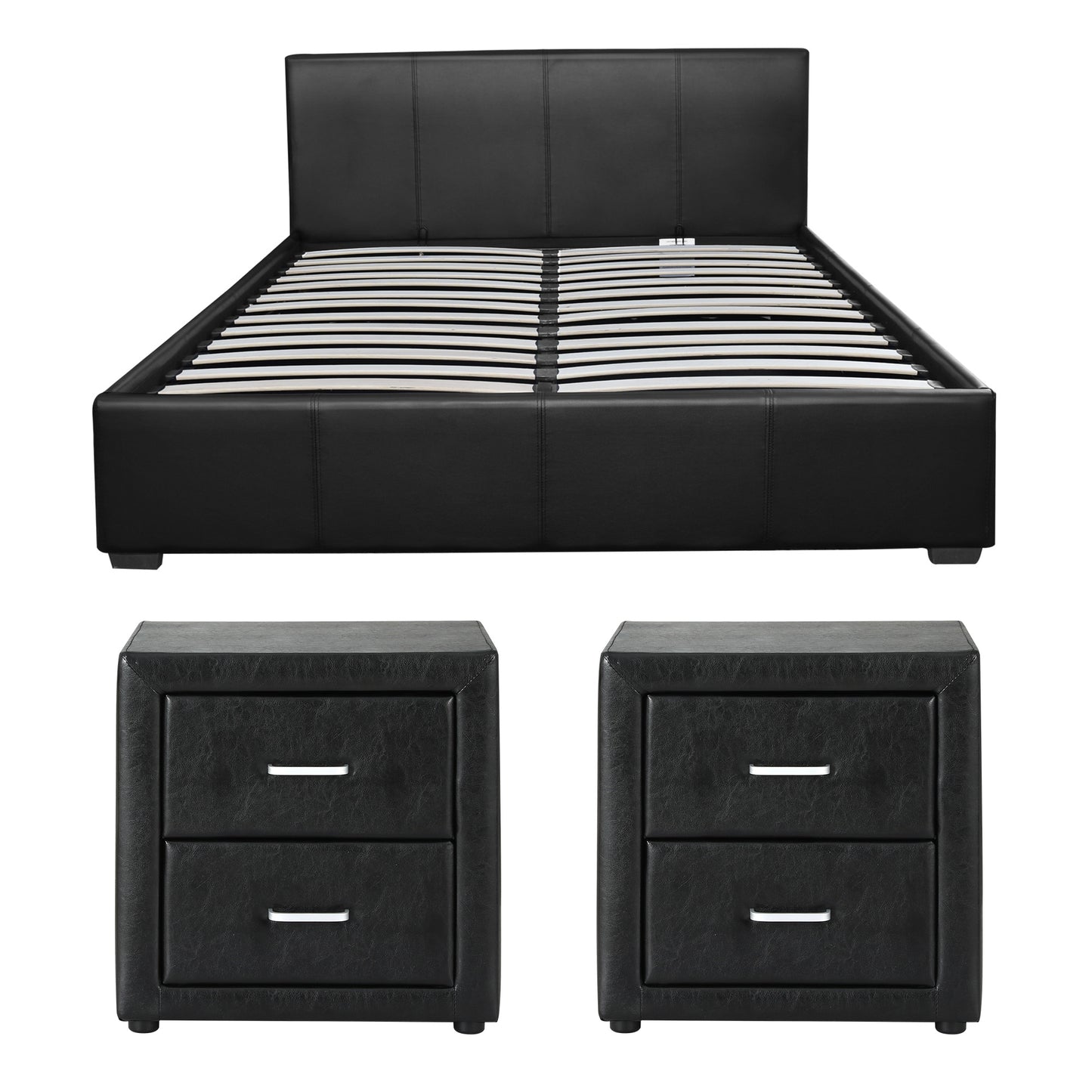 Artiss Gas Lift Queen Bed Frame and 2 Bedside Tables Set Black