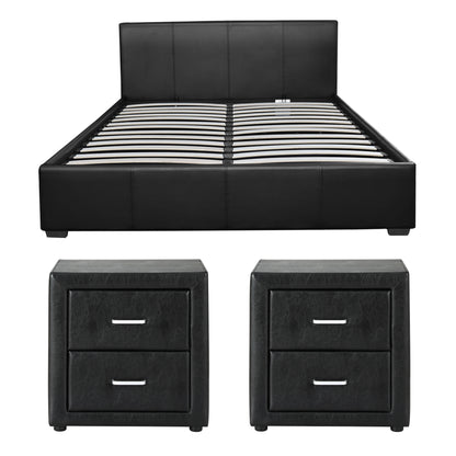 Artiss Gas Lift Queen Bed Frame and 2 Bedside Tables Set Black