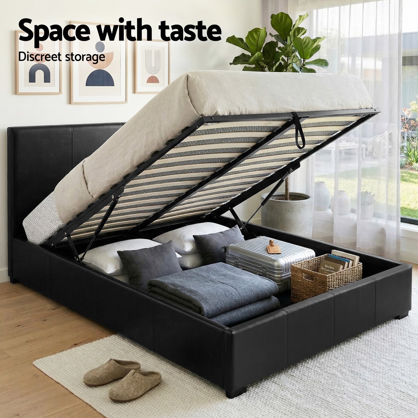Artiss Gas Lift Queen Bed Frame and 2 Bedside Tables Set Black