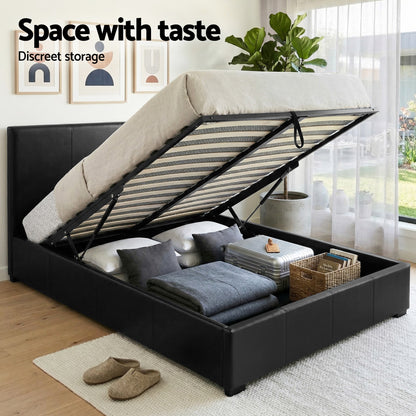 Artiss Gas Lift Queen Bed Frame and 2 Bedside Tables Set Black