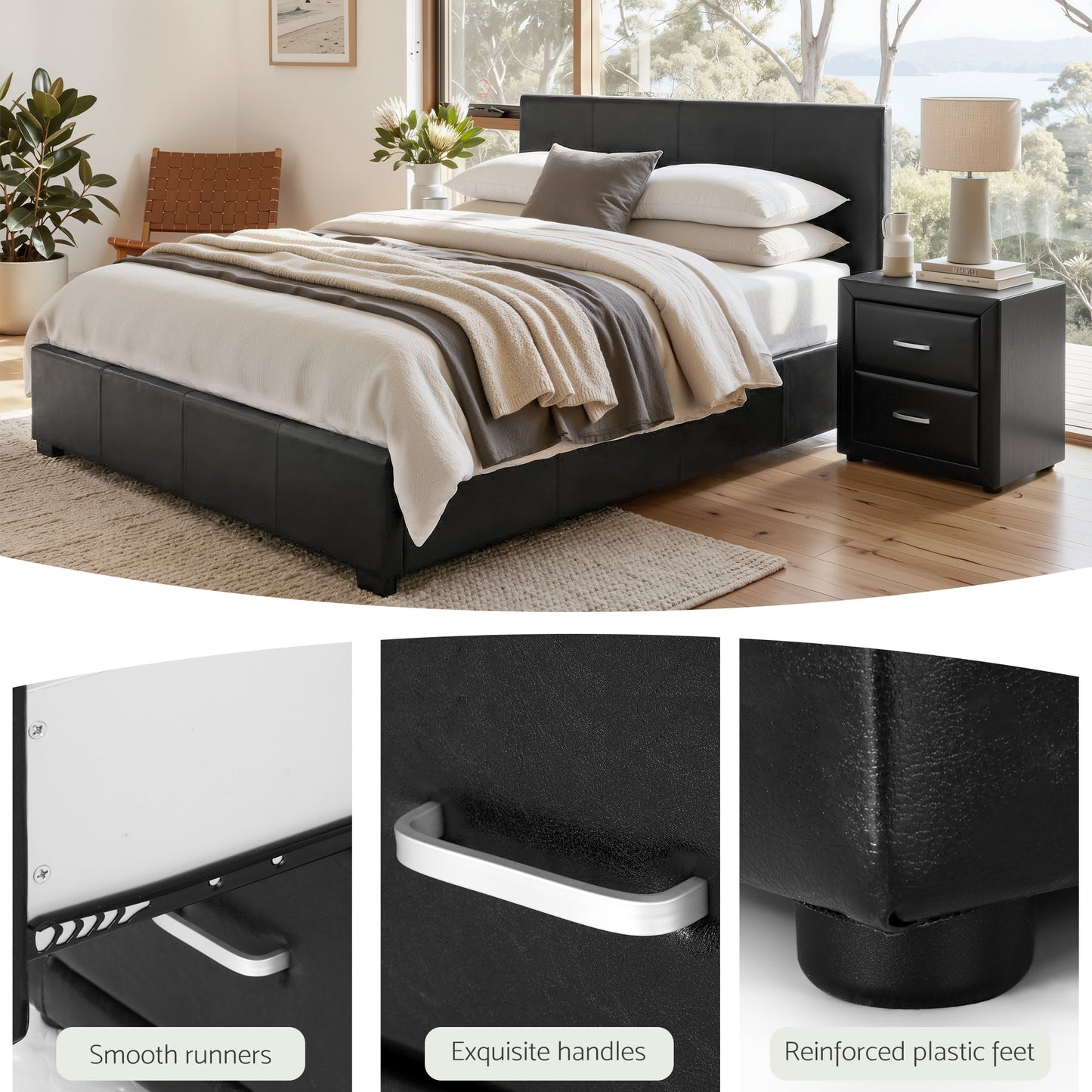 Artiss Gas Lift Queen Bed Frame and 2 Bedside Tables Set Black