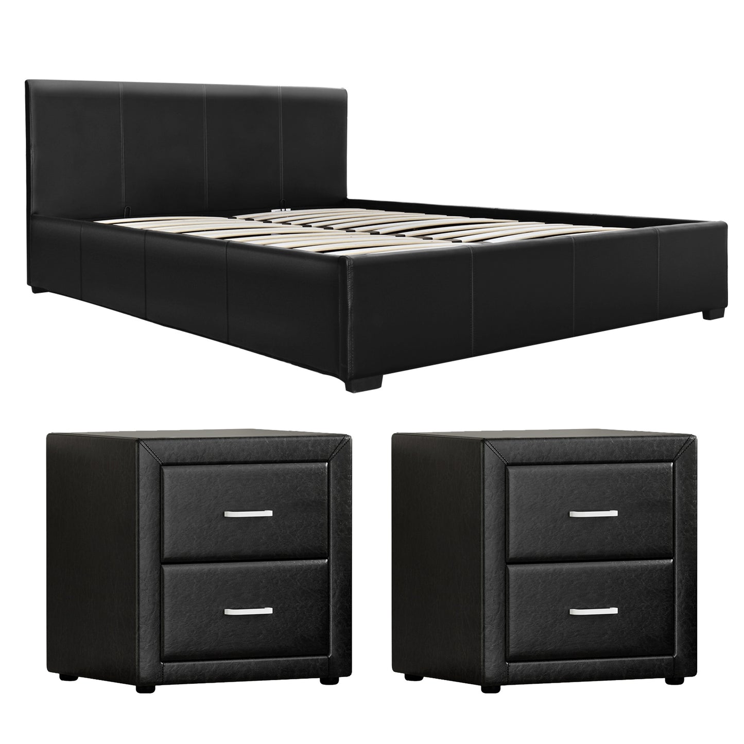 Artiss Gas Lift Queen Bed Frame and 2 Bedside Tables Set Black