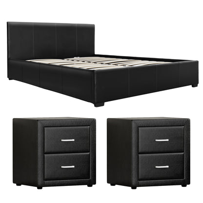 Artiss Gas Lift Queen Bed Frame and 2 Bedside Tables Set Black