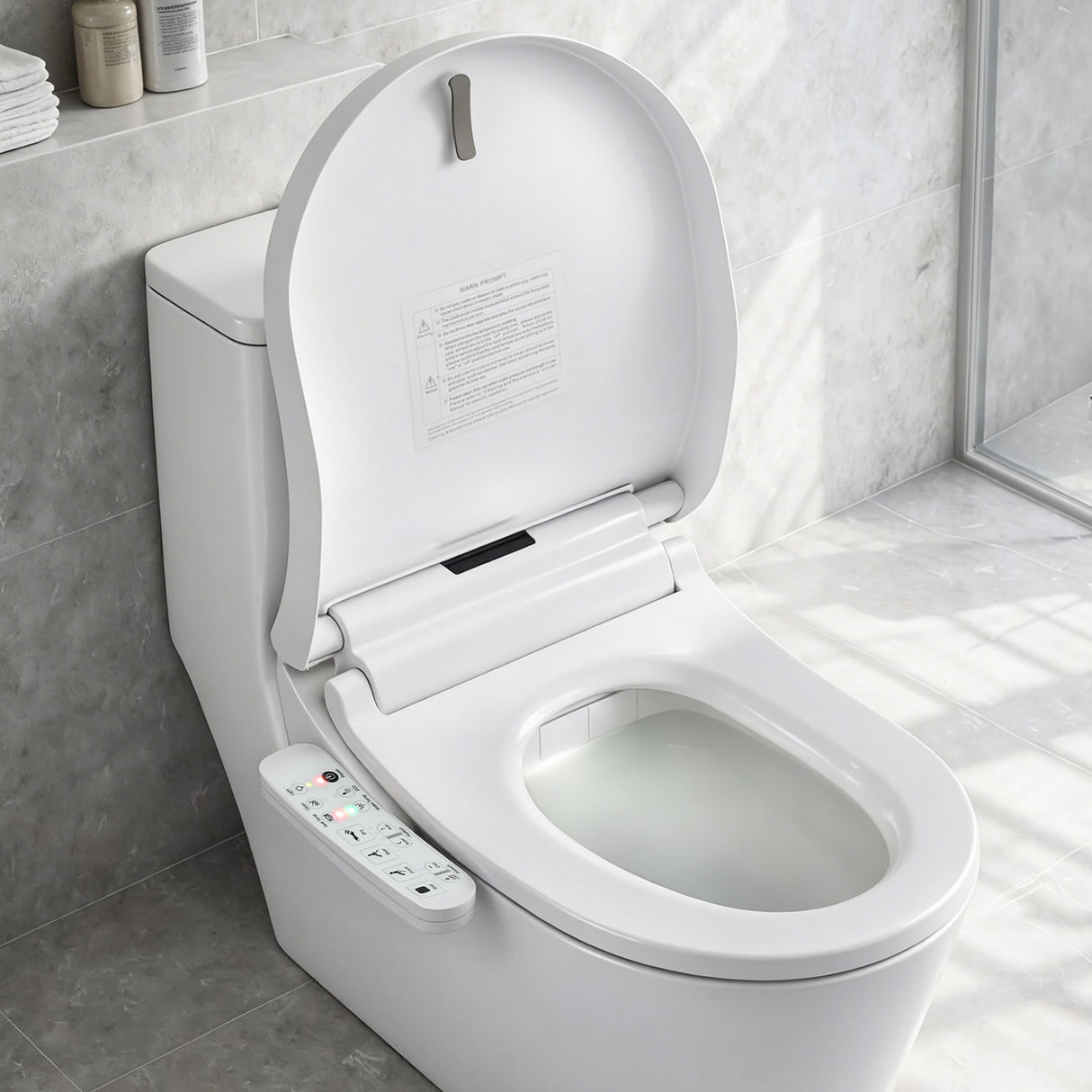 Smart bidet toilet with control panel, modern bathroom setup, heated seat, and bidet functions