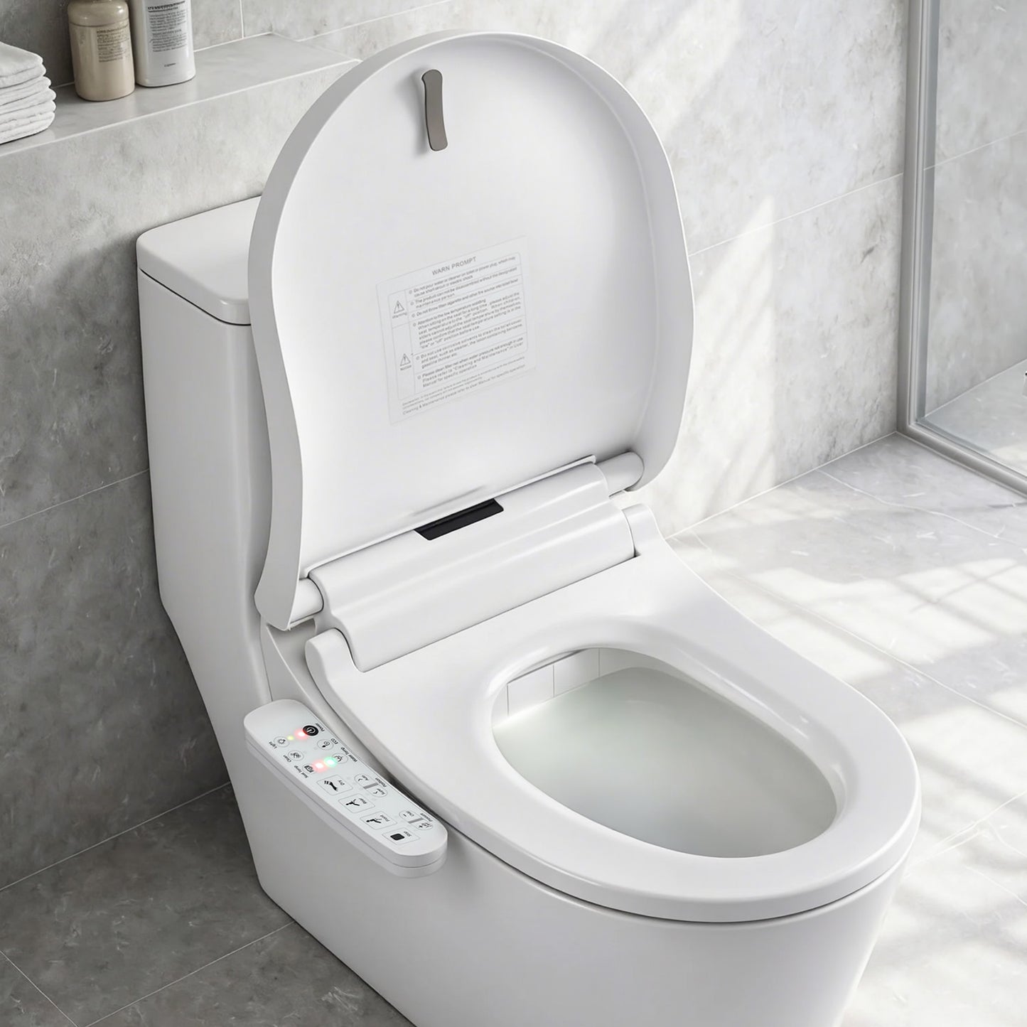 Smart bidet toilet with control panel, modern bathroom setup, heated seat, and bidet functions