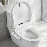 Smart bidet toilet with control panel, modern bathroom setup, heated seat, and bidet functions