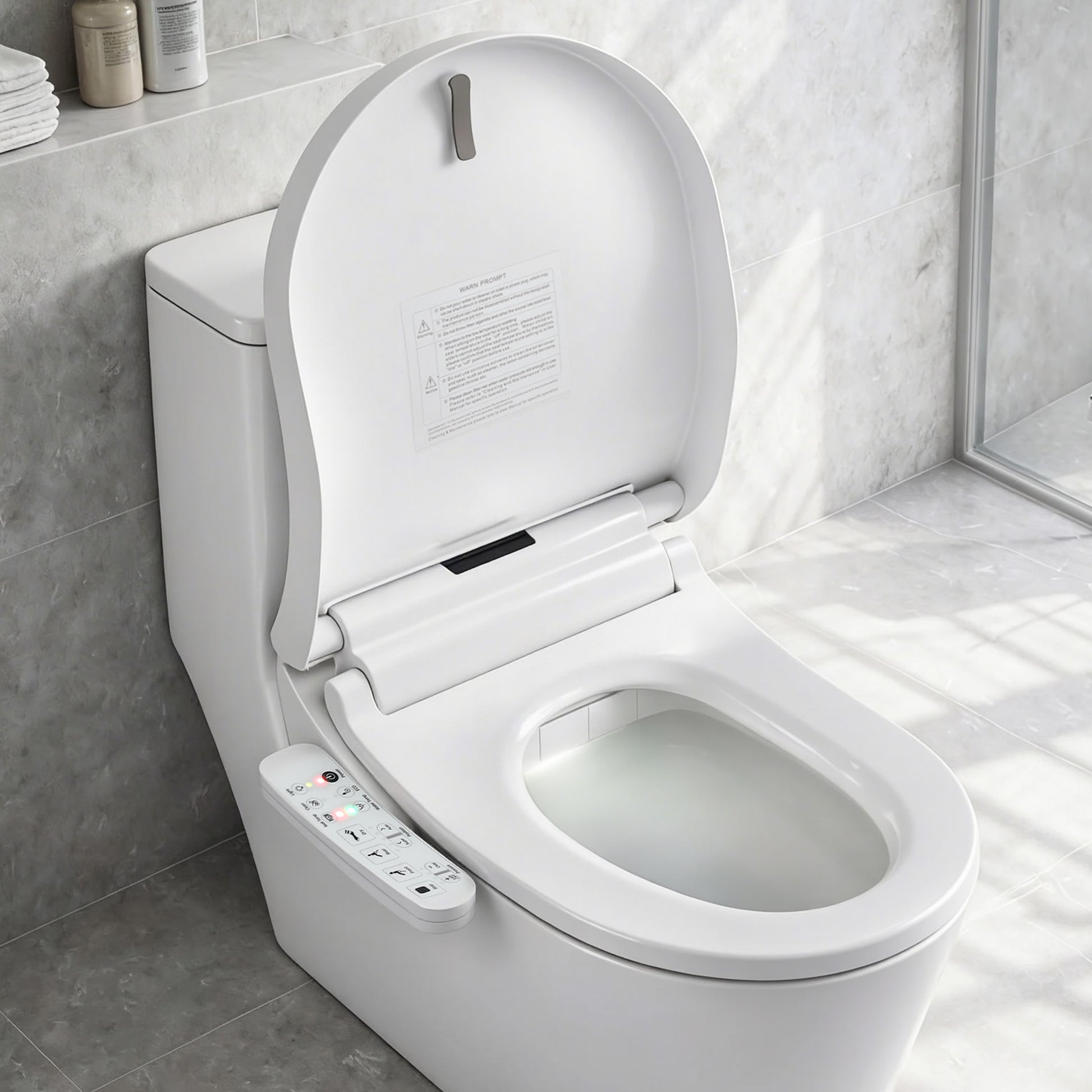 Smart bidet toilet with control panel, modern bathroom setup, heated seat, and bidet functions