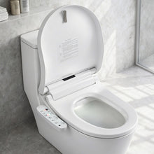 Smart bidet toilet with control panel, modern bathroom setup, heated seat, and bidet functions