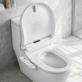 Smart bidet toilet with control panel, modern bathroom setup, heated seat, and bidet functions