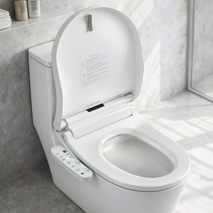 Smart bidet toilet with control panel, modern bathroom setup, heated seat, and bidet functions