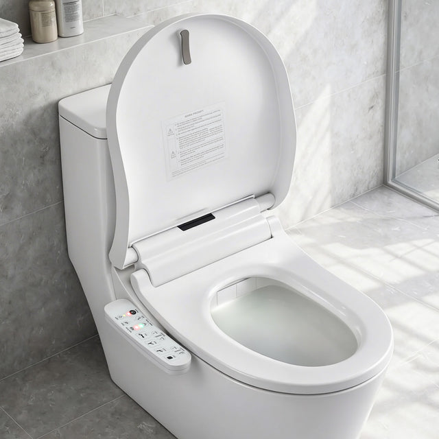 Smart bidet toilet with control panel, modern bathroom setup, heated seat, and bidet functions