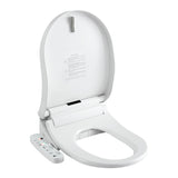 White smart toilet seat with remote control and warning label