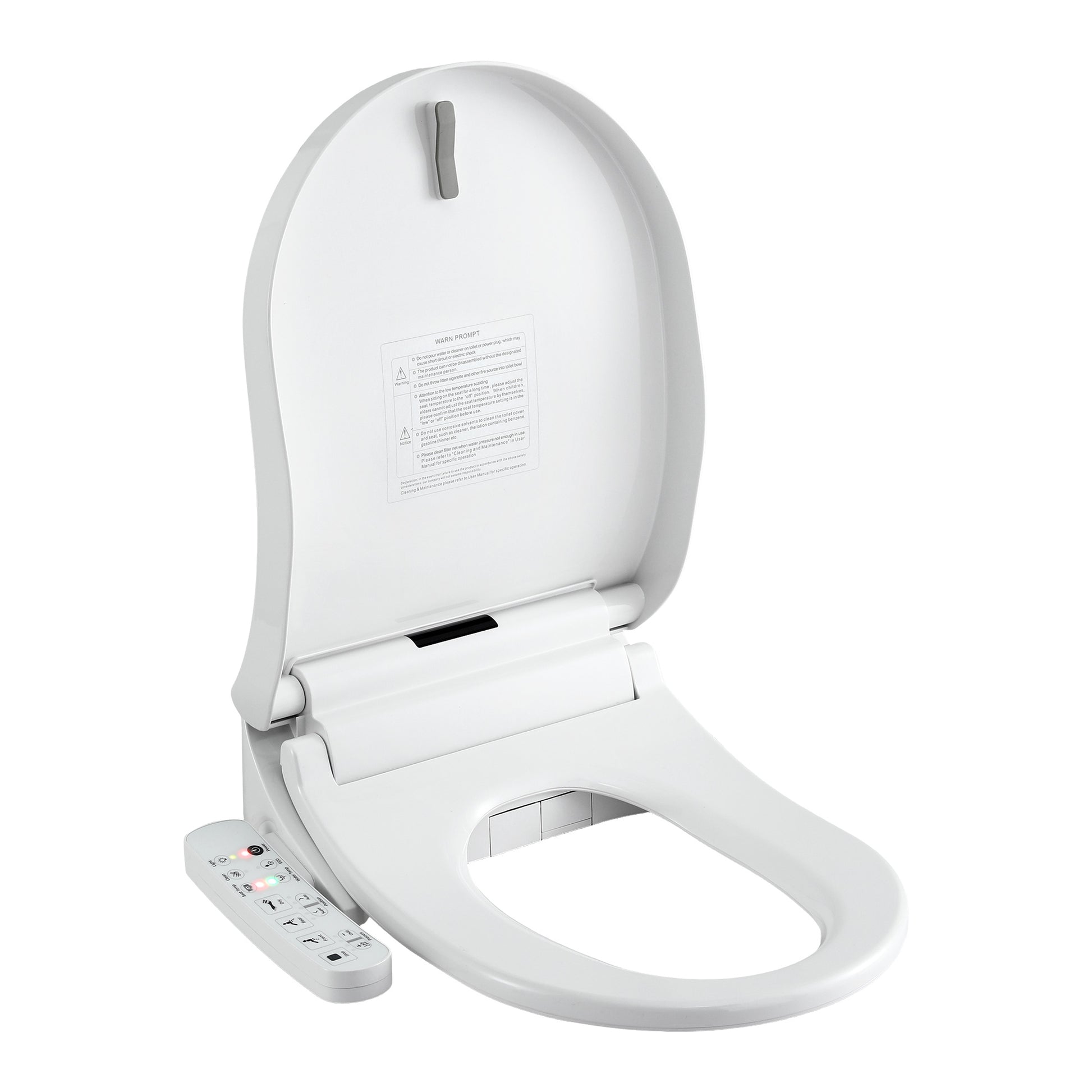 White smart toilet seat with remote control and warning label