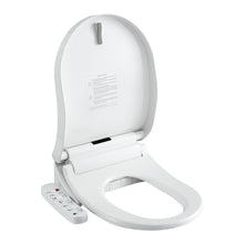 White smart toilet seat with remote control and warning label