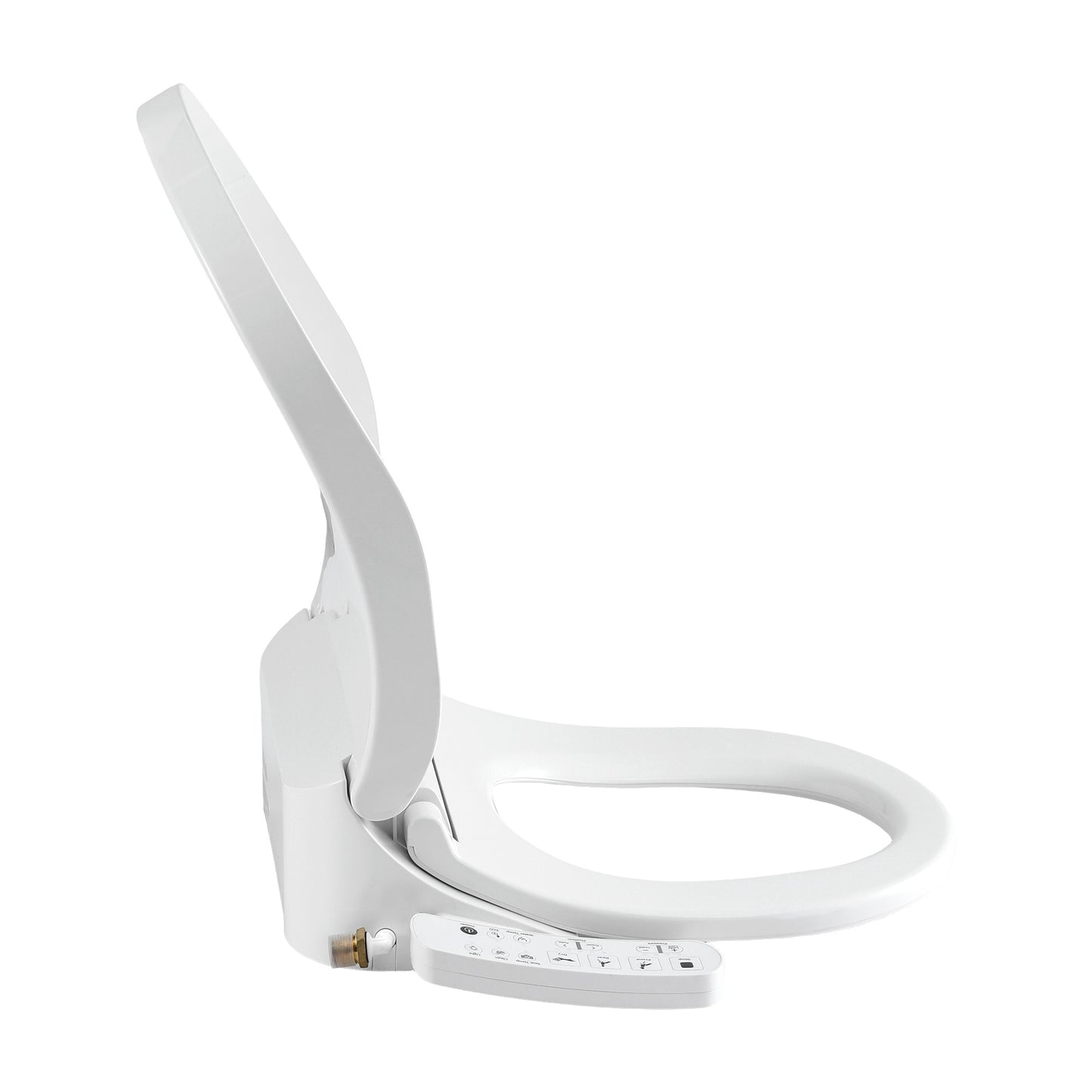 White smart toilet seat with control panel, bidet functions, and heated features for modern bathroom comfort