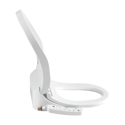White smart toilet seat with control panel, bidet functions, and heated features for modern bathroom comfort