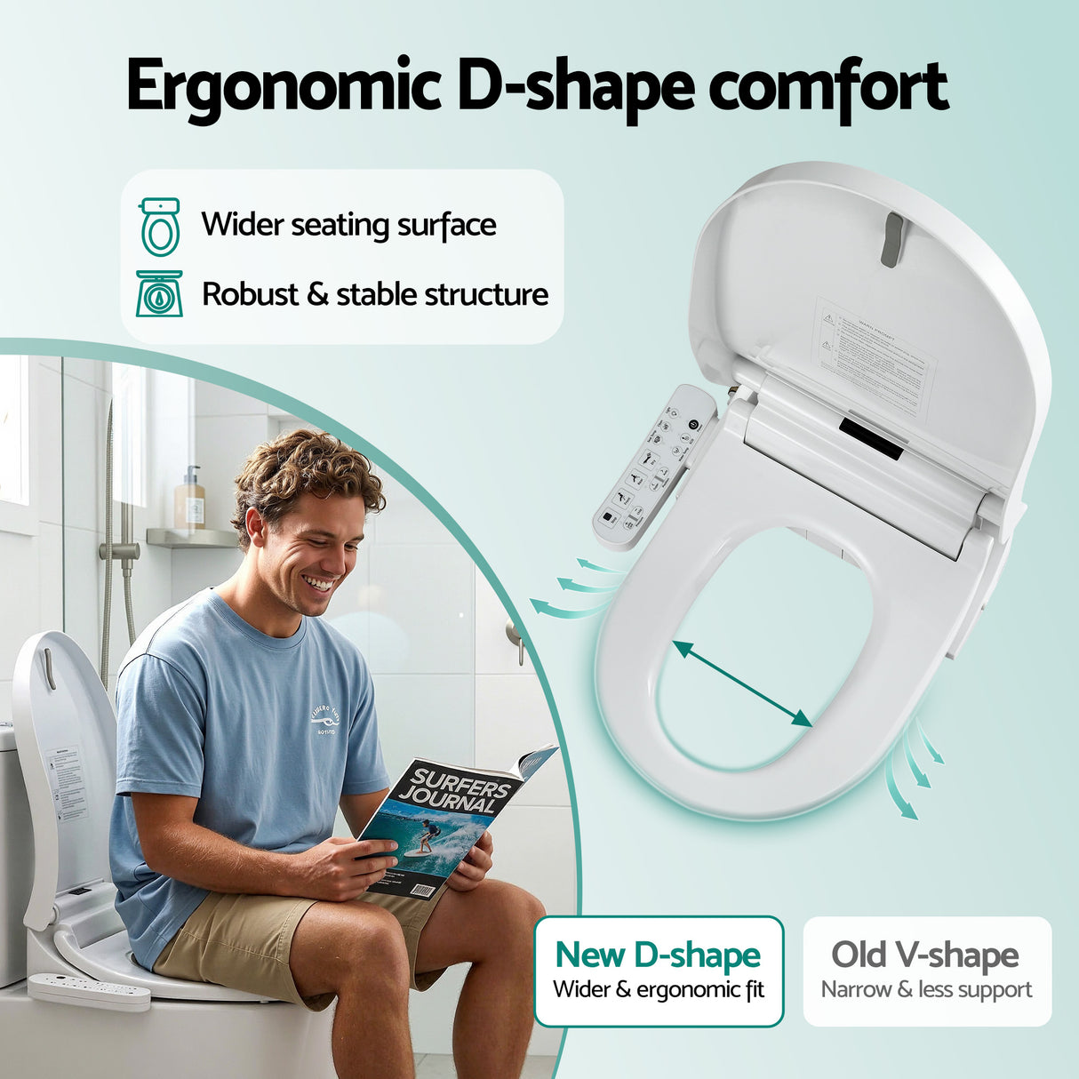 Ergonomic D-shape smart toilet seat with wider seating, control panel, and comfort features for bathroom use