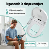 Ergonomic D-shape smart toilet seat with wider seating, control panel, and comfort features for bathroom use