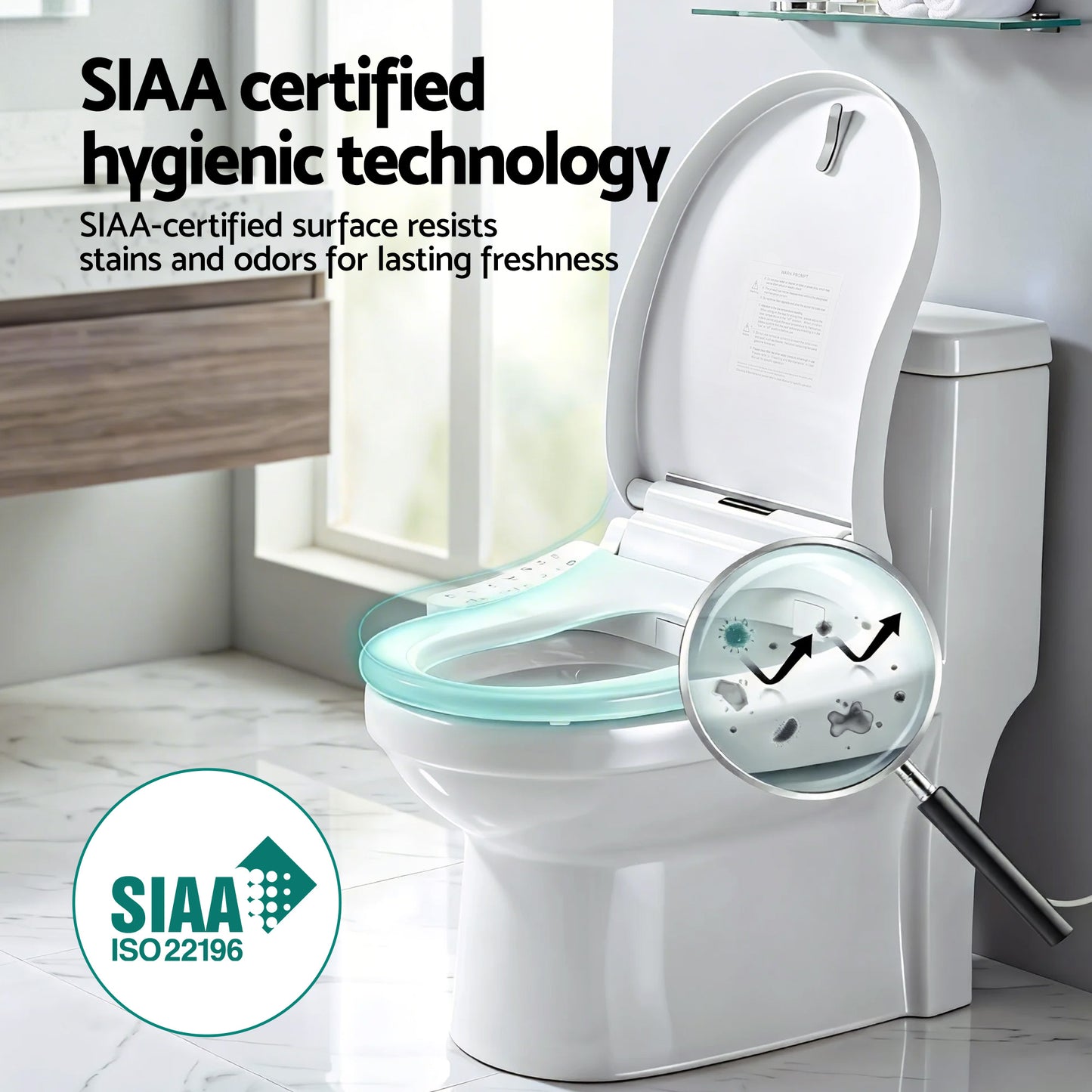 SIAA-certified smart toilet seat with hygienic technology, resists stains & odors, ISO 22196 certified