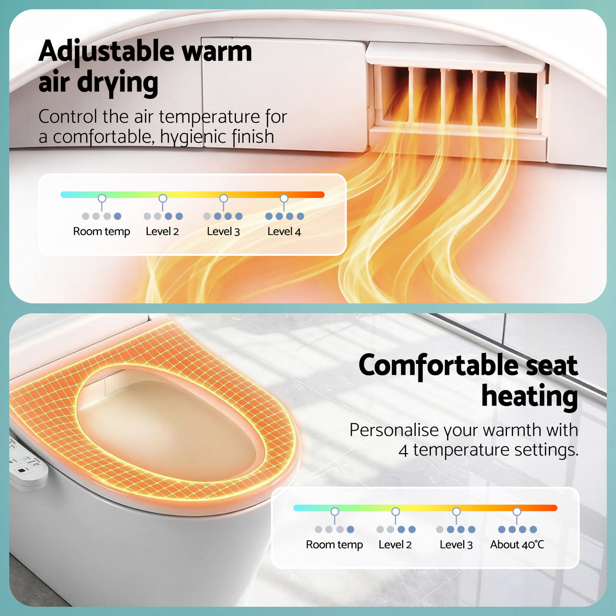 Smart toilet with adjustable warm air drying and heated seat, 4 temperature settings for comfort
