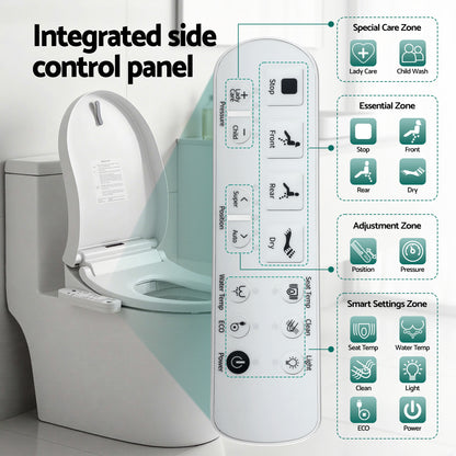 Smart bidet toilet seat with integrated side control panel for adjustable settings and comfort features