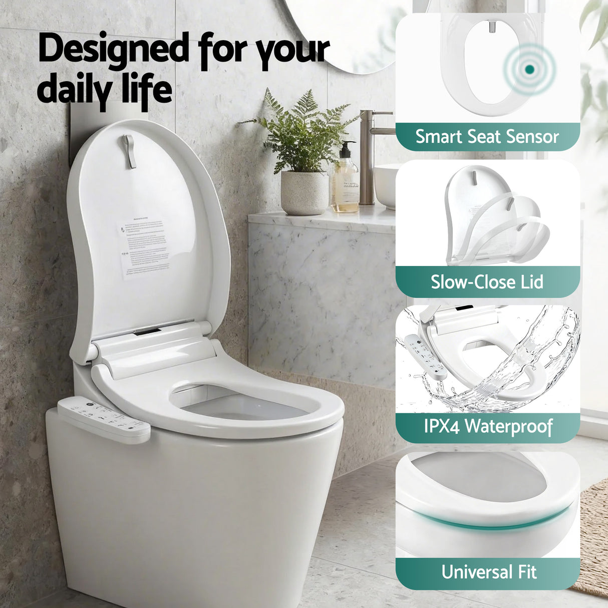 Smart toilet with seat sensor, slow-close lid, IPX4 waterproof, universal fit for modern bathrooms